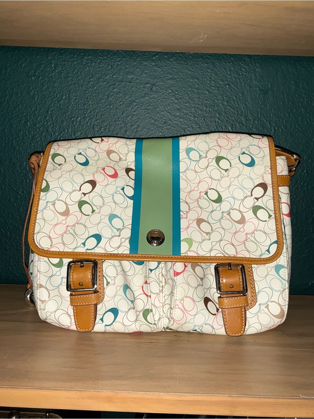 Coach Multicolor Signature Crossbody with Tan Trim and Teal Stripe